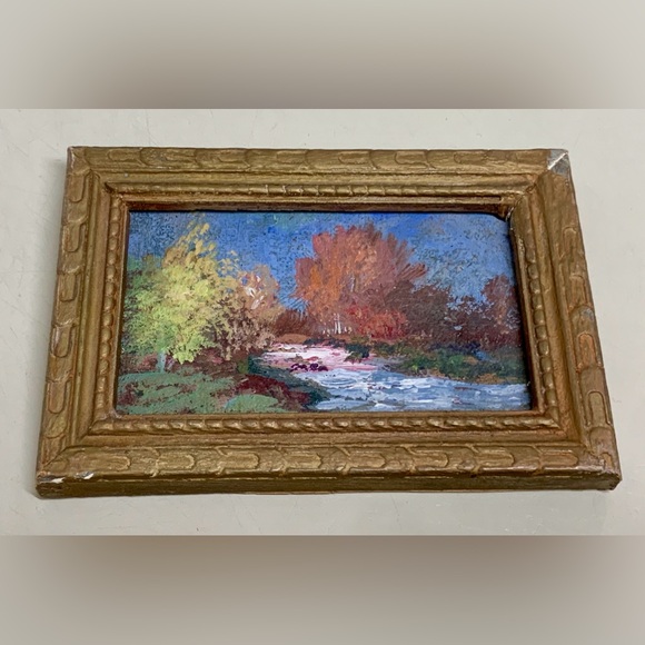 Antique Miniature Gold Painted Wooden Framed Original Nature Scene Oil Painting - Picture 12 of 16